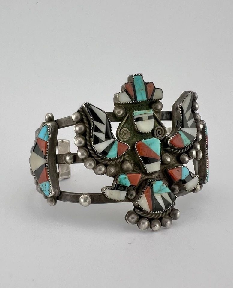 EARLY ZUNI KNIFEWING MULTI GEMSTONE FLUSH INLAY WIDE CUFF BRACELET: EARLY ZUNI KNIFEWING MULTI GEMSTONE FLUSH INLAY WIDE CUFF BRACELET Early Zuni Knifewing Multi Gemstone Flush Inlay Wide Cuff Bracelet Cuff is Just Under 5 3/4" tip to Tip and has a 1 1/8" Wide Adjusta