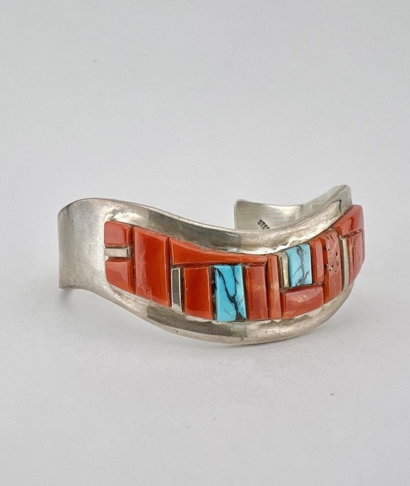EUGENE BELONE NAVAJO STERLING SILVER WEBBED TURQUOISE & RED CORAL CUFF BRACELET (1 of 2)