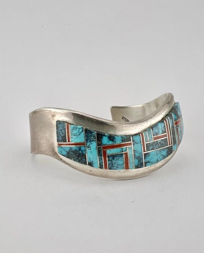 EUGENE BELONE NAVAJO STERLING SILVER SPIDERWEB TURQUOISE & CORAL CUFF BRACELET: EUGENE BELONE NAVAJO STERLING SILVER SPIDERWEB TURQUOISE & CORAL CUFF BRACELET Eugene Belone Navajo Sterling Silver Spiderweb Turquoise & Coral Cuff Bracelet Cuff Size is 5 1/8" tip to Tip and has a J