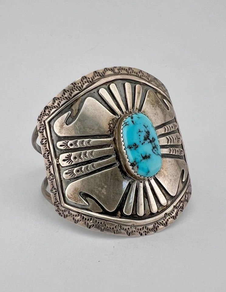 VTG HB NAVAJO STERLING SILVER SLEEPING BEAUTY TURQUOISE OVERLAY CUFF BRACELET: Vtg HB Navajo Sterling Silver Sleeping Beauty Turquoise Overlay Cuff Bracelet Cuff is 5 3/8" tip to Tip and has a 1" Wide Adjustable Gap Cuff Is Over 2 1/4" Wide In the Center Weight is 38.3 Grams on 
