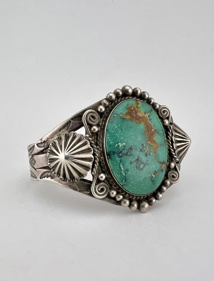 OLD FRED HARVEY NAVAJO STERLING SILVER CERRILLOS TURQUOISE STAMPED CUFF BRACELET: OLD FRED HARVEY NAVAJO STERLING SILVER CERRILLOS TURQUOISE STAMPED CUFF BRACELET OLD Fred Harvey Navajo Sterling Silver Cerrillos Turquoise Stamped Cuff Bracelet Cuff is Over 5 1/4" tip to Tip and has