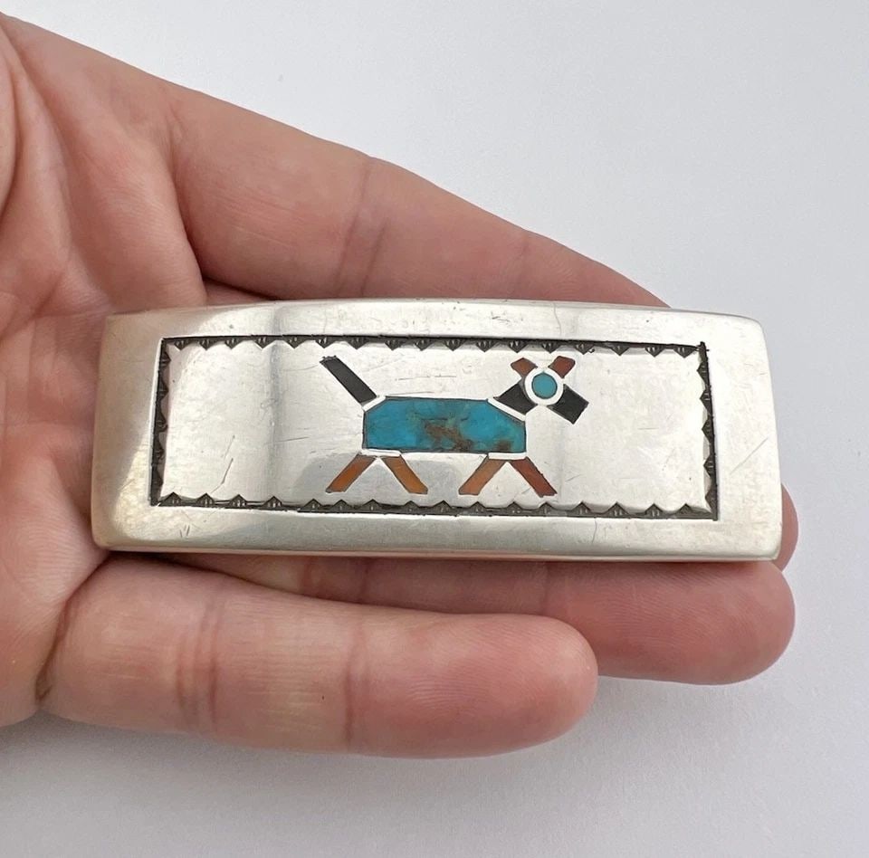 1940'S ZUNI NAVAJO STERLING SILVER FLUSH INLAY STAMPED DOG HORSE BELT BUCKLE 3" (1 of 2)