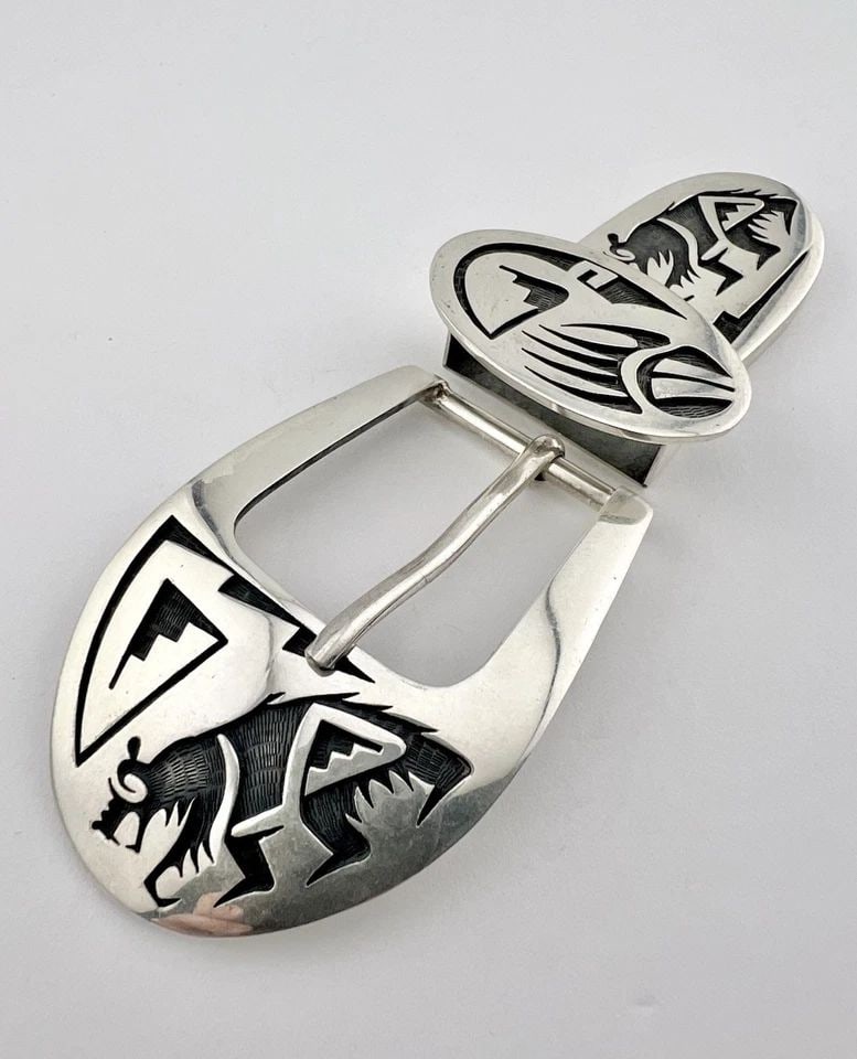 VTG MITCHELL SOCKYMA HOPI STERLING SILVER BEAR OVERLAY 3PC RANGER BELT BUCKLE (1 of 2)
