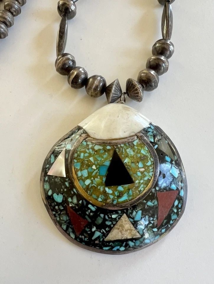 VTG SANTO DOMINGO KEWA STERLING SILVER BENCH BEAD MOSAIC INLAY SHELL NECKLACE: Vtg Santo Domingo Kewa Sterling Silver Bench Bead Mosaic Inlay Shell Necklace SOLID STERLING SILVER SMOOTH DESIGN HANDMADE BENCH BEAD NECKLACE & Santo Domingo Inlayed Shell Necklace SIZE - 24.5" in Le