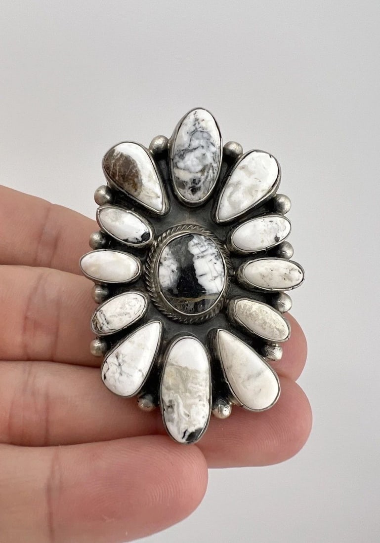 BOBBY JOHNSON NAVAJO STERLING SILVER WHITE BUFFALO TURQUOISE CLUSTER RING 2.25": Bobby Johnson Navajo Sterling Silver White Buffalo Turquoise Cluster Ring 2.25" Ring Size: 9 - Adjustable In Size Weight is 32.3 Grams on my scale Ring is 2 1/4" Tall In the Center by 1 5/8" Wide Meta