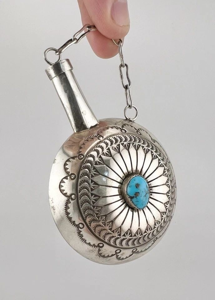 VTG NAVAJO STERLING SILVER STAMPED TURQUOISE TOBACCO FLASK CANTEEN 46G - 3.5" (1 of 2)