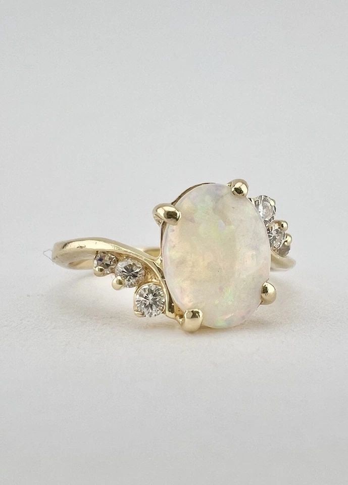 DESIGNER 14K YELLOW GOLD NATURAL AUSTRALIAN FIRE OPAL & VS DIAMOND BYPASS RING (1 of 2)