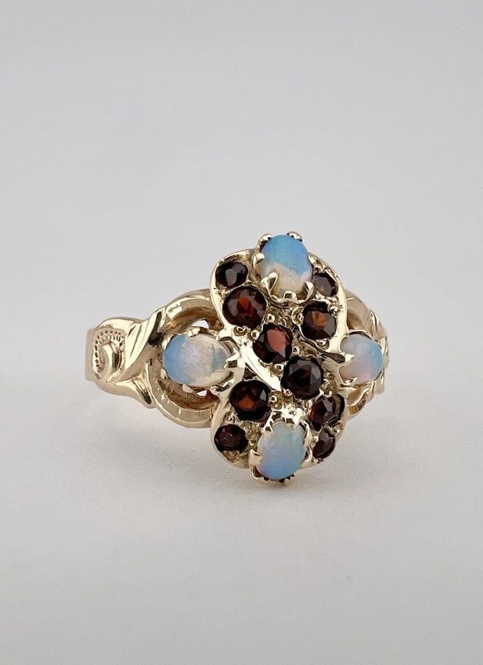 ANTIQUE ART NOUVEAU 10K ROSE GOLD FIRE OPAL & BOHEMIAN GARNET FLORAL RING (1 of 2)