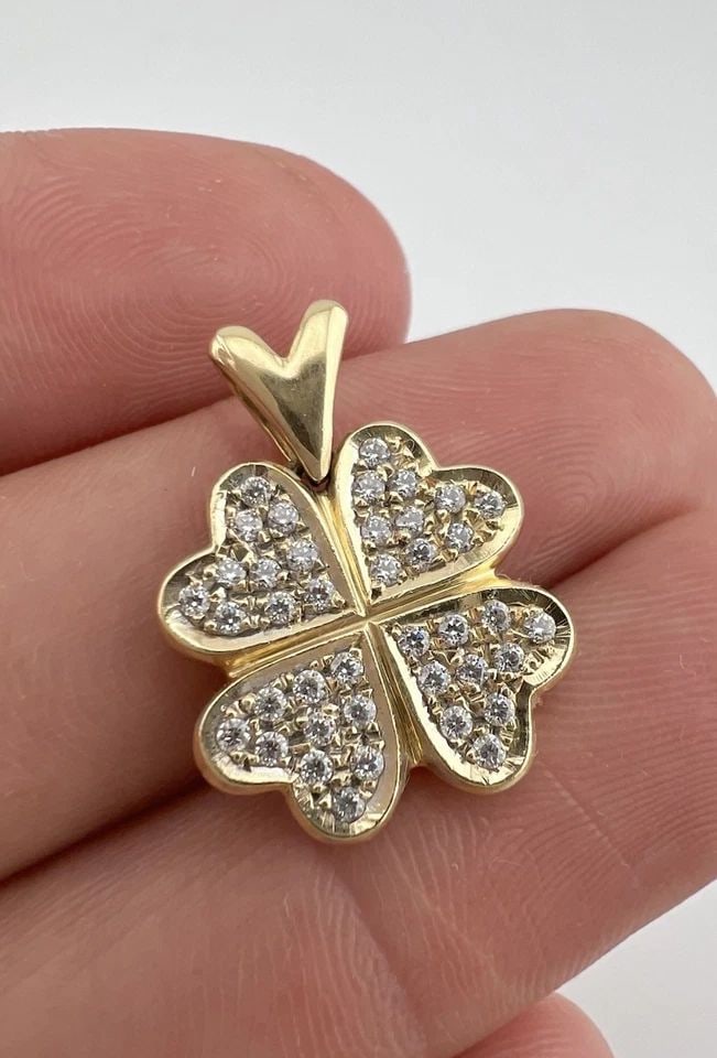 VTG 14K YELLOW GOLD CUBIC ZIRCONIA 4 FOUR LEAF CLOVER GOOD LUCK PENDANT 3.5G (1 of 2)