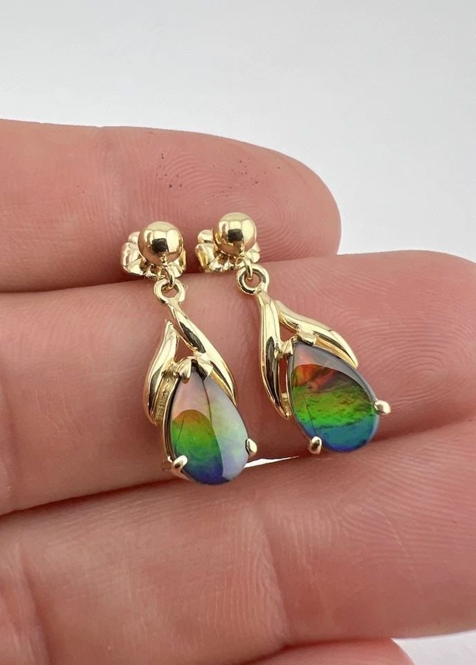 DESIGNER 18K YELLOW GOLD AA AMMOLITE DANGLE POST EARRINGS (1 of 2)