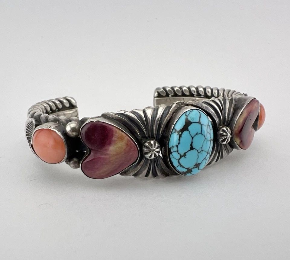 VTG NAVAJO STERLING WEB TURQUOISE SPINY OYSTER HEART & CORAL CUFF BRACELET 52.8G (1 of 2)