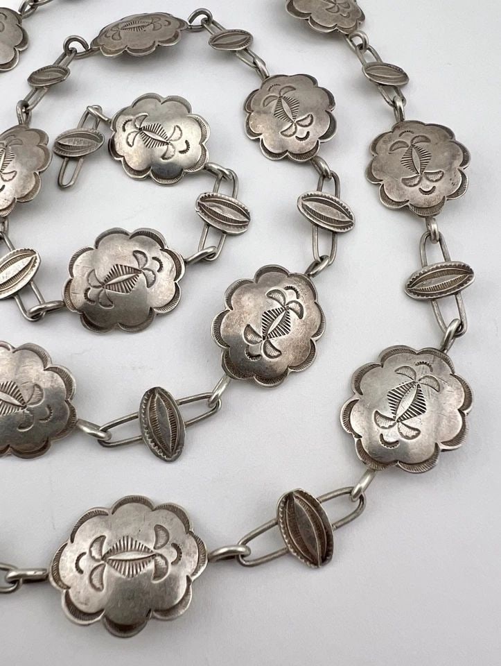 1940'S FRED HARVEY ERA NAVAJO COIN SILVER STAMPED WOMEN'S CONCHO BELT 35" -57G: 1940'S FRED HARVEY ERA NAVAJO COIN SILVER STAMPED WOMEN'S CONCHO BELT 35" -57G 1940's Fred Harvey Era Navajo Coin Silver Stamped Women's Concho Belt 35" -57g Belt is 35" Long Tip To Tip Buckle/ Concho