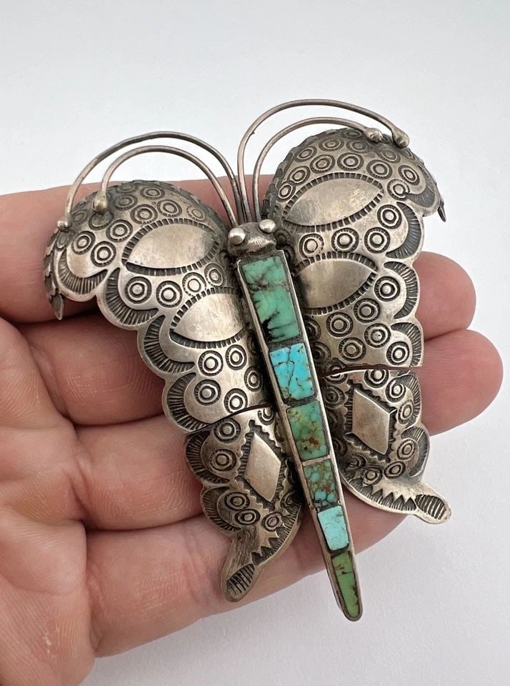 MASSIVE VTG NAVAJO STERLING SILVER TURQUOISE BUTTERFLY PIN BROOCH 3.25" -38.3G (1 of 2)