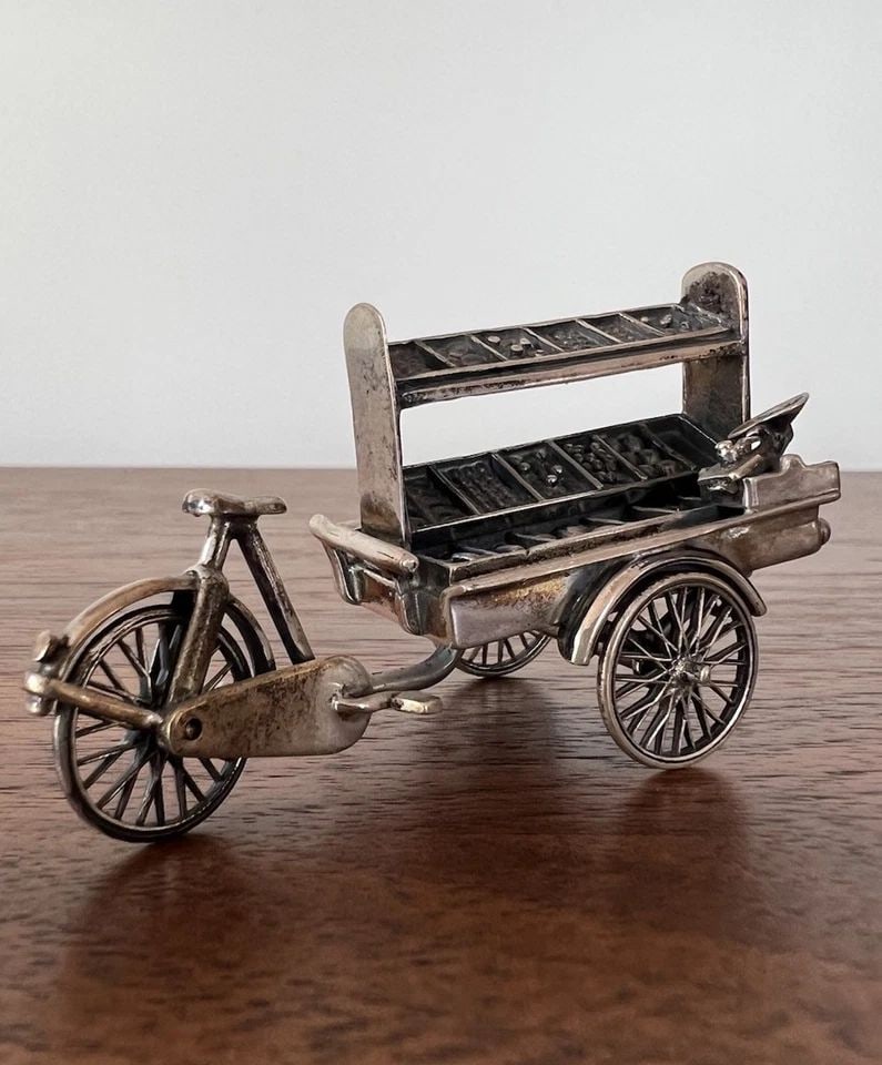 ANTIQUE STERLING SILVER MINIATURE DOLLHOUSE 3D FRUIT STAND ON BICYCLE SCULPTURE (1 of 2)