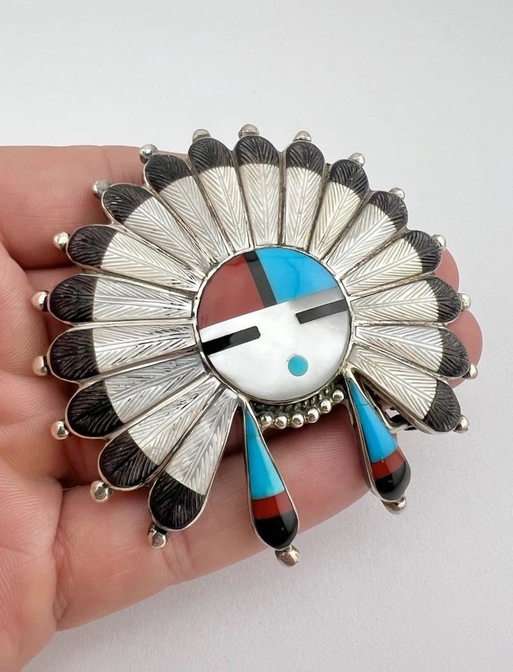 VTG NAVAJO STERLING SILVER CARVED TURQUOISE & CORAL SUNFACE BELT BUCKLE PENDANT: Vtg Navajo Sterling Silver Carved Turquoise & Coral Sunface Belt Buckle / Pendant Size: 3" Wide By 2 7/8" Tall Weight is 49.8 Grams on my scale Metal: Sterling Silver Amazing Sunface Design With Natur