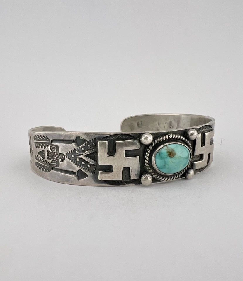 OLD FRED HARVEY NAVAJO COIN SILVER TURQUOISE WHIRLING LOG ARROW CUFF BRACELET: OLD FRED HARVEY NAVAJO COIN SILVER TURQUOISE WHIRLING LOG ARROW CUFF BRACELET OLD Fred Harvey Era Navajo Coin Silver Turquoise Whirling Log Arrow Cuff Bracelet Cuff is Slightly Over 5 1/2" tip to Tip 