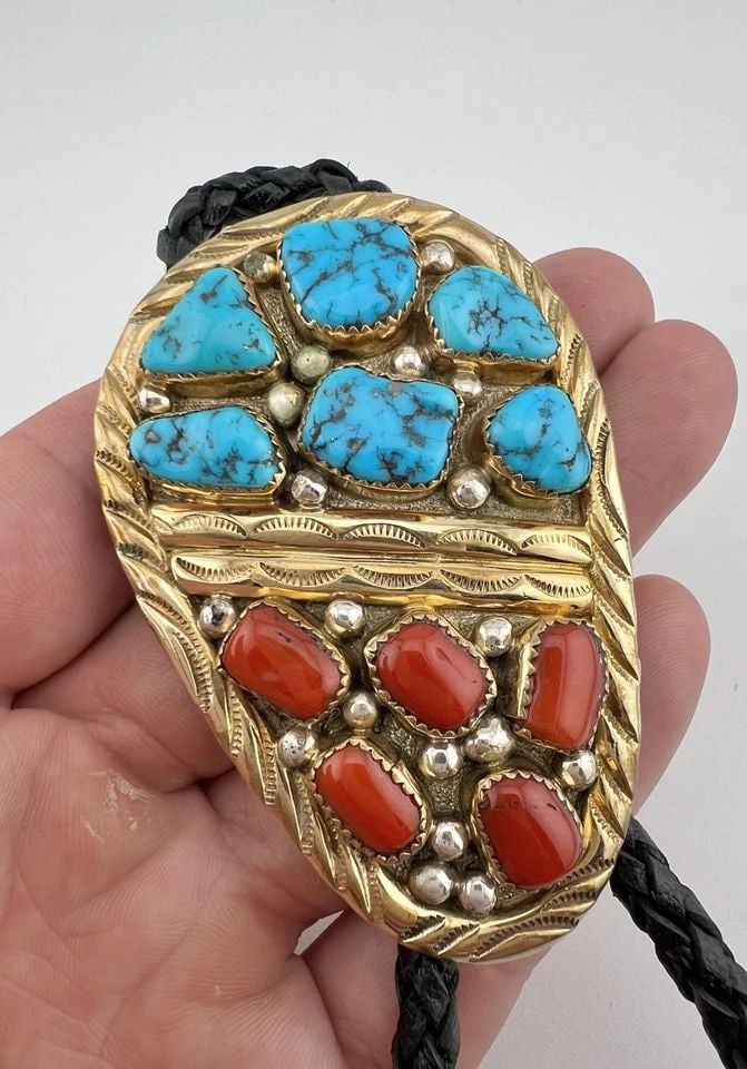 NAVAJO STERLING SILVER GOLD FILLED SLEEPING BEATY TURQUOISE & CORAL BOLO TIE 3": NAVAJO STERLING SILVER GOLD FILLED SLEEPING BEATY TURQUOISE & CORAL BOLO TIE 3" Vtg Navajo Sterling Silver Gold Filled Sleeping Beaty Turquoise & Coral Bolo Tie 3" Size: 3" Tall by 2" Wide at the top 