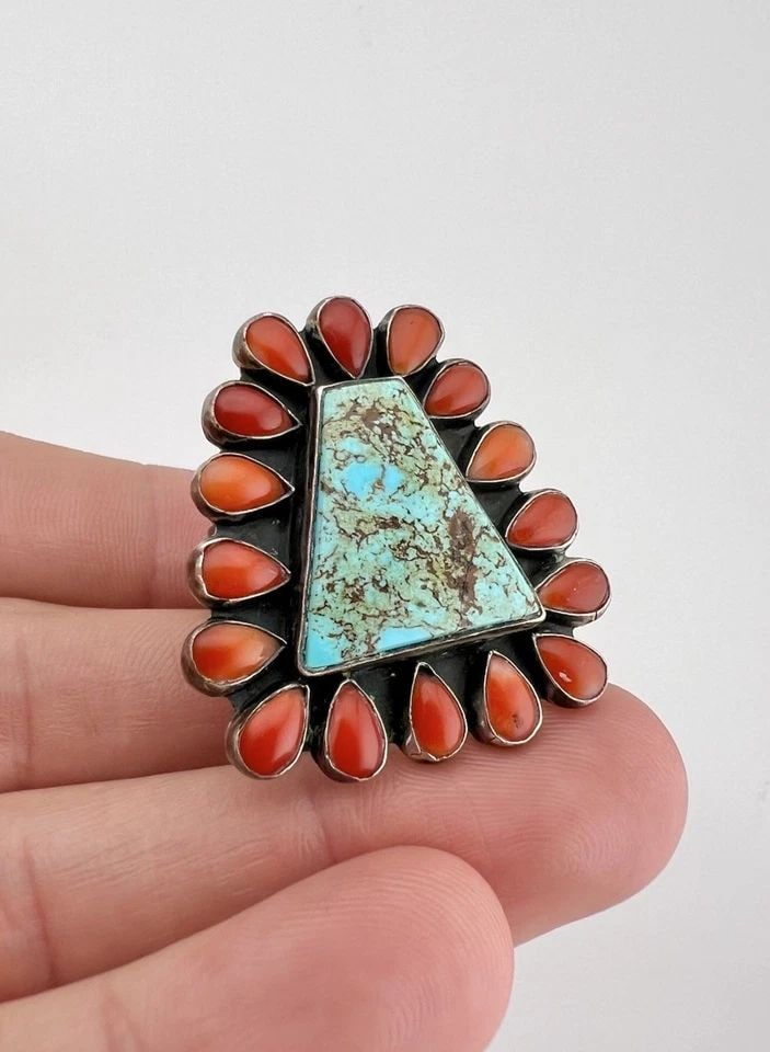 FEDERICO JIMENEZ STERLING SILVER HIGH GRADE TURQUOISE & RED CORAL CLUSTER RING (1 of 2)
