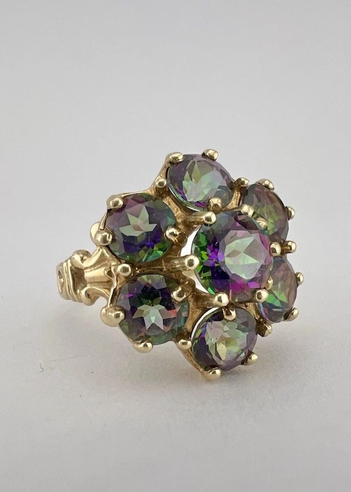 DESIGNER 10K YELLOW GOLD MYSTIC TOPAZ CLUSTER FLOWER ENGRAVED RING (1 of 2)