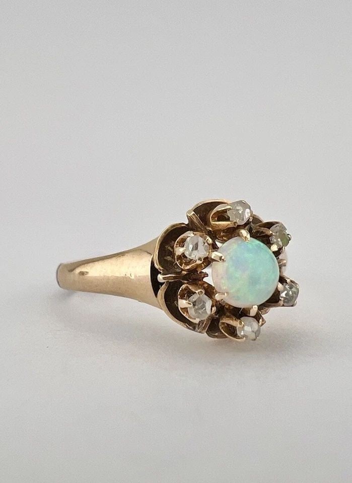 ANTIQUE VICTORIAN 14K ROSE GOLD FIRE OPAL & ROSE CUT DIAMONDS CLAW SET HALO RING (1 of 2)