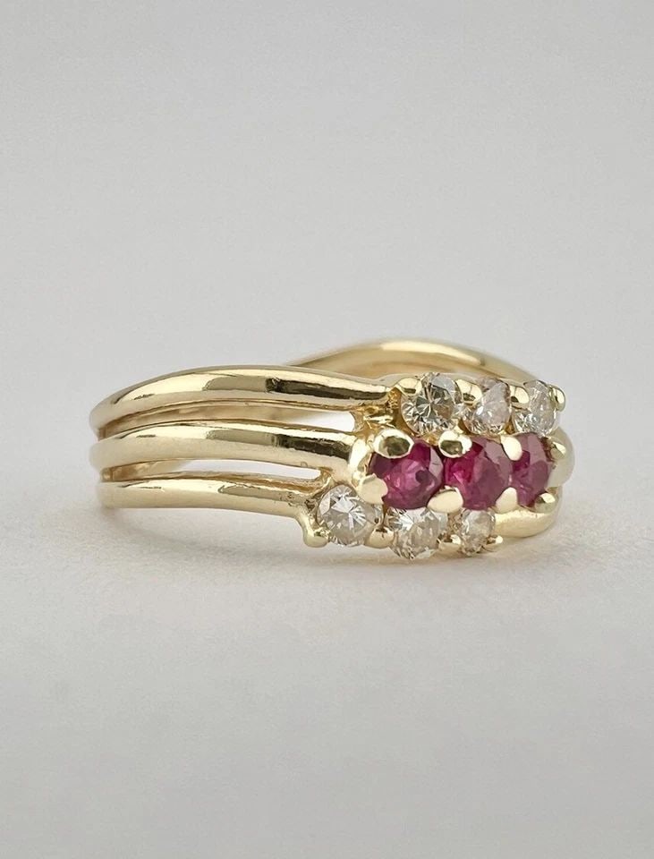 DESIGNER 14K YELLOW GOLD NATURAL RUBY & DIAMOND 3 BAND STACK RING (1 of 2)