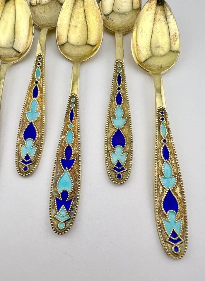 (6) VINTAGE RUSSIAN SOVIET 875 GILT GOLD SILVER MULTI COLOR ENAMEL SPOONS 91G (1 of 2)