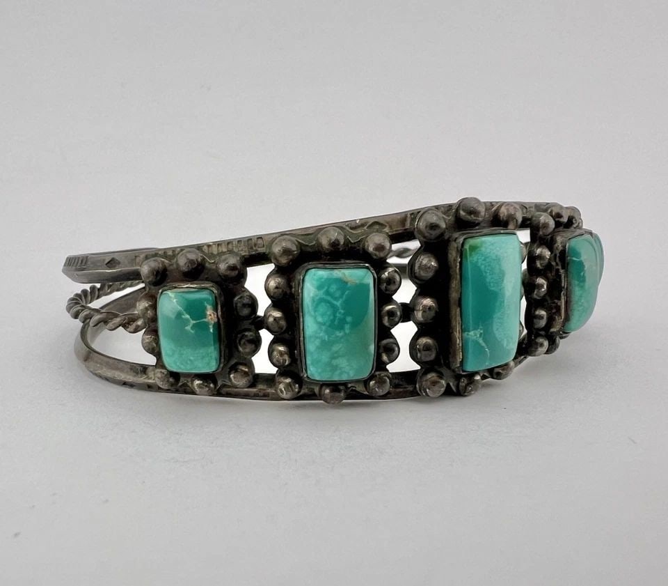 OLD FRED HARVEY NAVAJO STERLING SILVER CERRILLOS TURQUOISE STAMPED CUFF BRACELET: OLD FRED HARVEY NAVAJO STERLING SILVER CERRILLOS TURQUOISE STAMPED CUFF BRACELET Old Fred Harvey Era Navajo Sterling Silver Cerrillos Turquoise Stamped Cuff Bracelet Cuff is Around 5 3/8" tip to Tip a