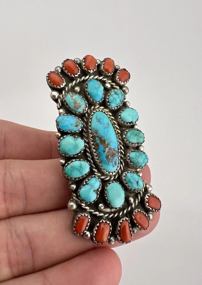 MASSIVE VTG NAVAJO STERLING SILVER TURQUOISE & CORAL CLUSTER WOMEN'S RING 2.5": MASSIVE Vtg Navajo Sterling Silver Turquoise & Coral Cluster Women's Ring 2.5" Ring Size: 7.75 Weight is 25.2 Grams on my scale Metal: Sterling Silver Ring is 2.5" Tall In the Center By 1 1/4" Wide Am