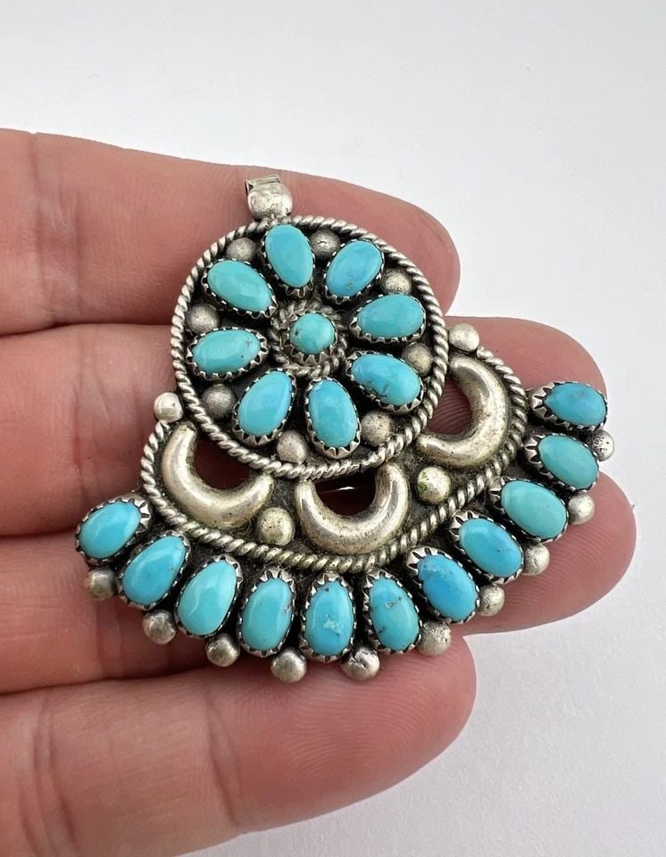 VTG FANNIE ONDELACY ZUNI STERLING SILVER TURQUOISE CLUSTER PENDANT 2" (1 of 2)