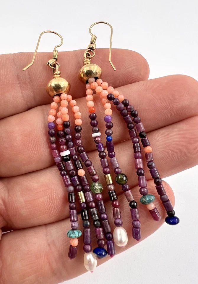 3" NAVAJO 14K YELLOW GOLD SUGILITE & CORAL & LAPIS PEARL HEISHI DANGLE EARRINGS: 3" NAVAJO 14K YELLOW GOLD SUGILITE & CORAL & LAPIS PEARL HEISHI DANGLE EARRINGS 3" Navajo 14k Yellow Gold Sugilite & Coral & Lapis Pearl HEISHI Dangle Earrings Size: Over 3" Tall & Over 1/4" Wide Weig