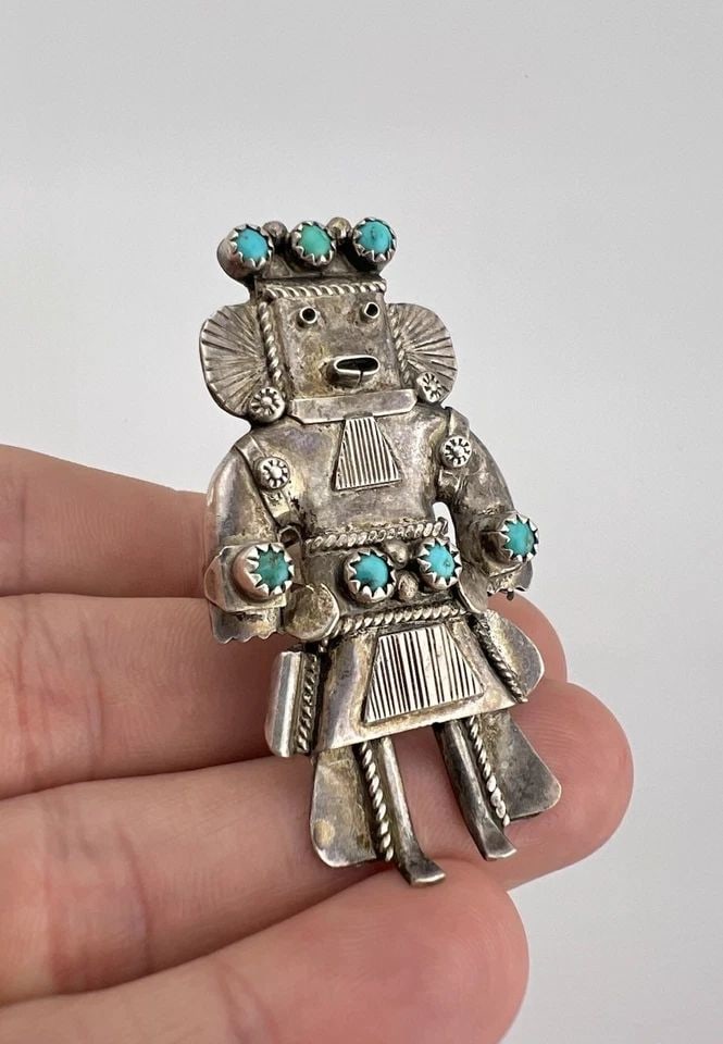 HUGE NAVAJO STERLING SILVER NATURAL TURQUOISE STAMPED KACHINA WOMEN'S RING 2.25": HUGE Vintage Navajo Sterling Silver Natural Turquoise Stamped Kachina Women's Ring 2.25" Ring Size: 9 - Can Be Re Sized Weight is 18.4 Grams on my scale Metal: Sterling Silver Ring is 2 1/4" Tall In t