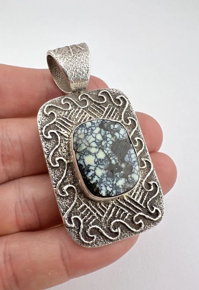 GILBERT DINO GARCIA SANTO DOMINGO PUEBLO TUFA STERLING SILVER TURQUOISE PENDANT (1 of 2)