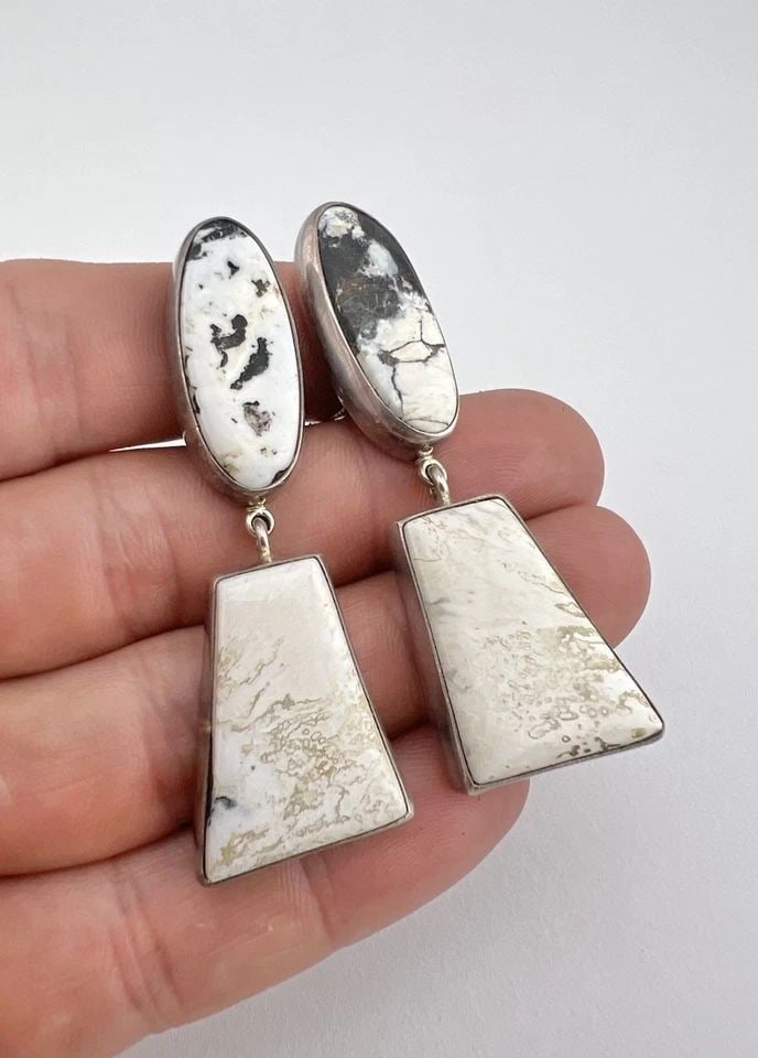 FEDERICO JIMENEZ STERLING SILVER WHITE BUFFALO TURQUOISE CLIP-ON EARRINGS 2.5" (1 of 2)