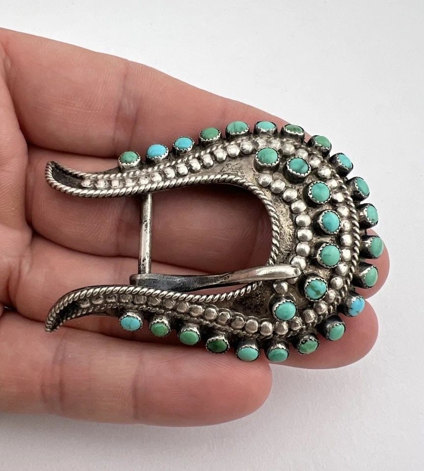VINTAGE EARLY ZUNI STERLING SILVER FLUSH TURQUOISE CLUSTER RANGER BELT BUCKLE (1 of 2)