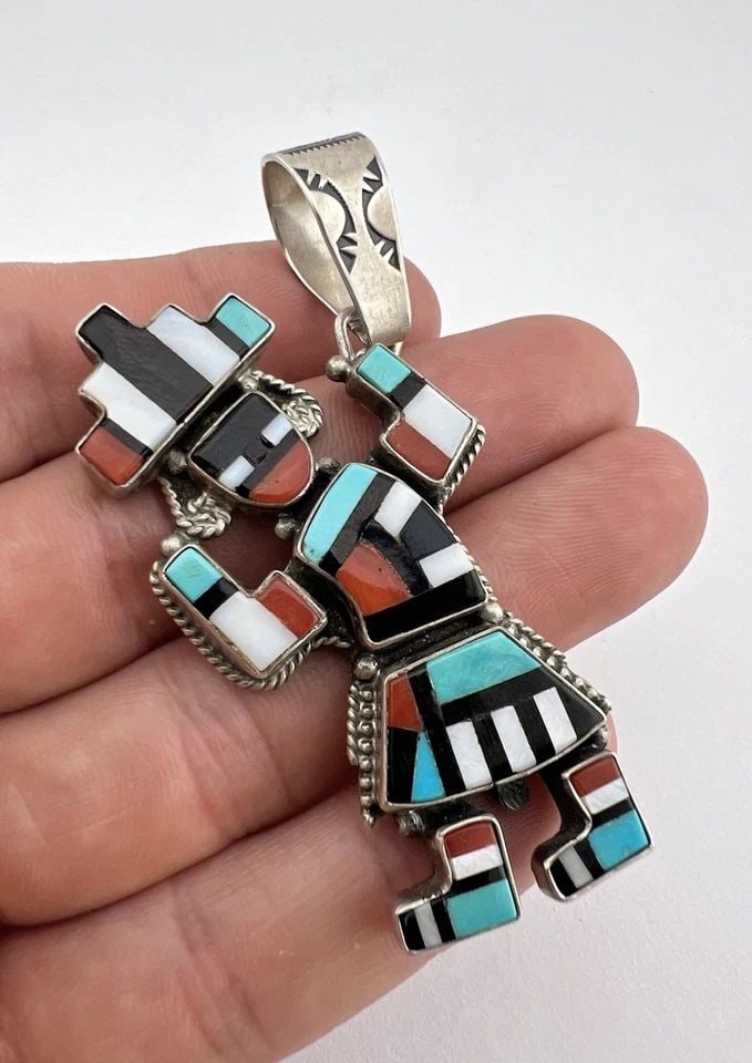 IDA PAYTON NAVAJO STERLING SILVER MULTI GEMS FLUSH INLAY RAINBOWMAN PENDANT 3" (1 of 2)