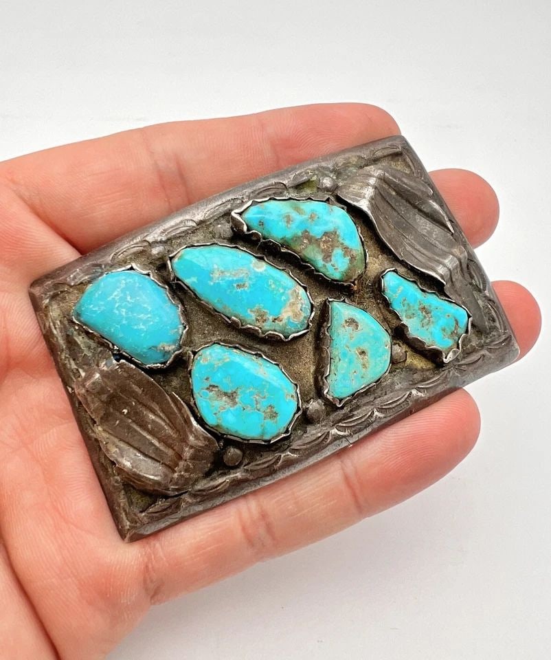 VINTAGE EARLY NAVAJO STERLING SILVER BLUE TURQUOISE CAST BELT BUCKLE 3" -82.6G (1 of 2)