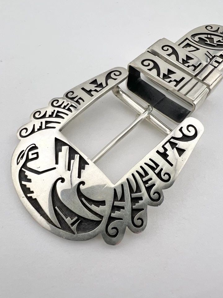 VTG MARCUS COOCHWYKVIA HOPI STERLING SILVER OVERLAY 4PC RANGER BELT BUCKLE 62.3G (1 of 2)