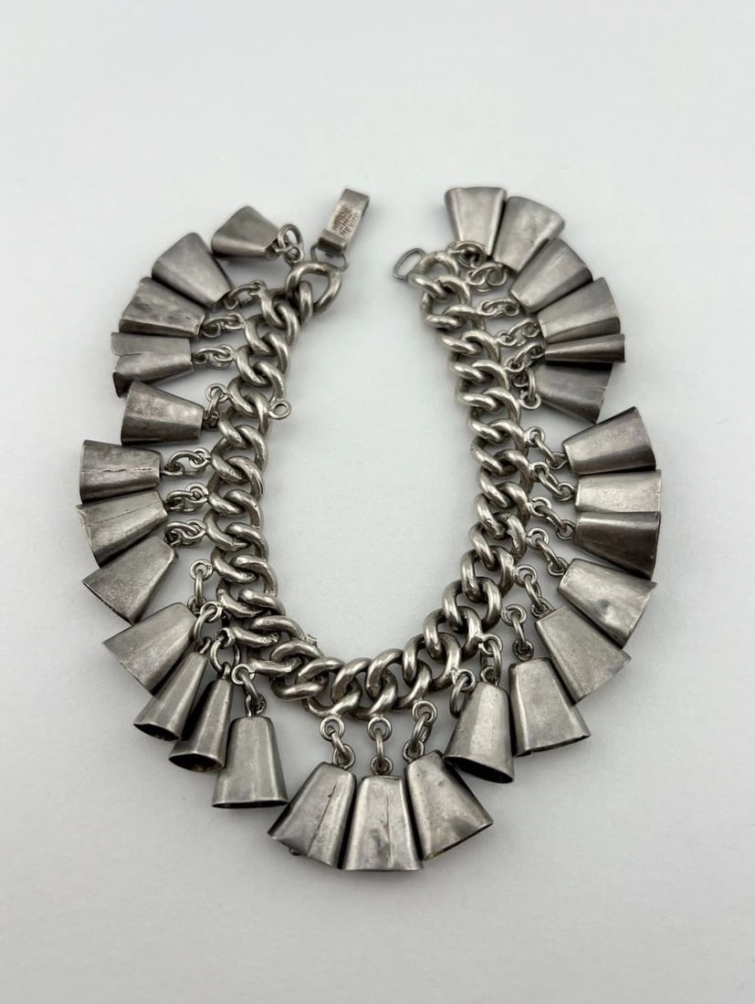 VTG MEXICO TAXCO STERLING SILVER CUBAN LINK 28 BELL CHARM BRACELET 7.75" -70.5G: Vtg Mexico Taxco Sterling Silver Cuban Link 28 Bell Charm Bracelet 7.75" -70.5g Size: 7 3/4" Long - Max Wearable Length Links W./ Bells are Almost 1 1/4" Tall Each With Dangle Metal: Sterling Silver W