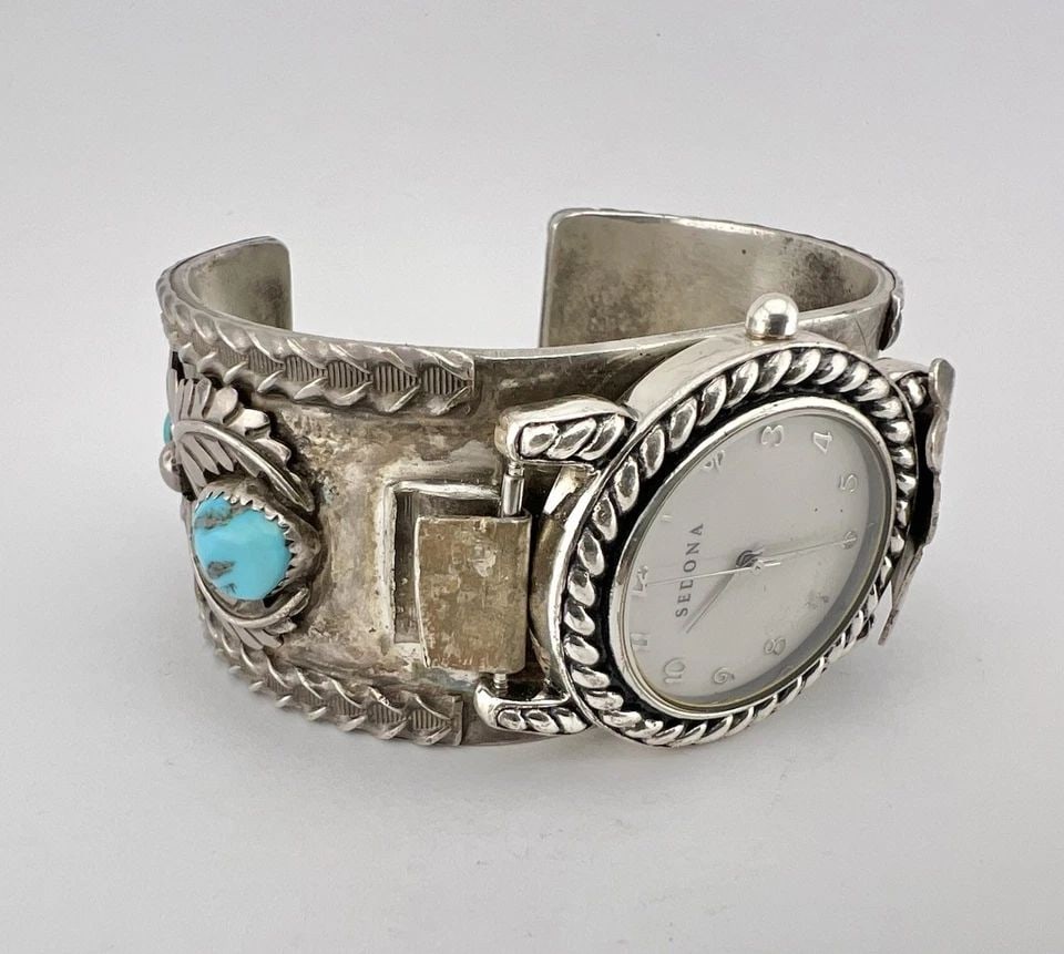 136.9G VTG NAVAJO STERLING SILVER TURQUOISE STAMPED MEN'S CUFF WATCH BRACELET: 136.9G VTG NAVAJO STERLING SILVER TURQUOISE STAMPED MEN'S CUFF WATCH BRACELET 136.9g Vtg Navajo Sterling Silver Turquoise Stamped Men's Cuff Watch Bracelet Cuff is Slightly 5 3/4" tip to Tip and has a