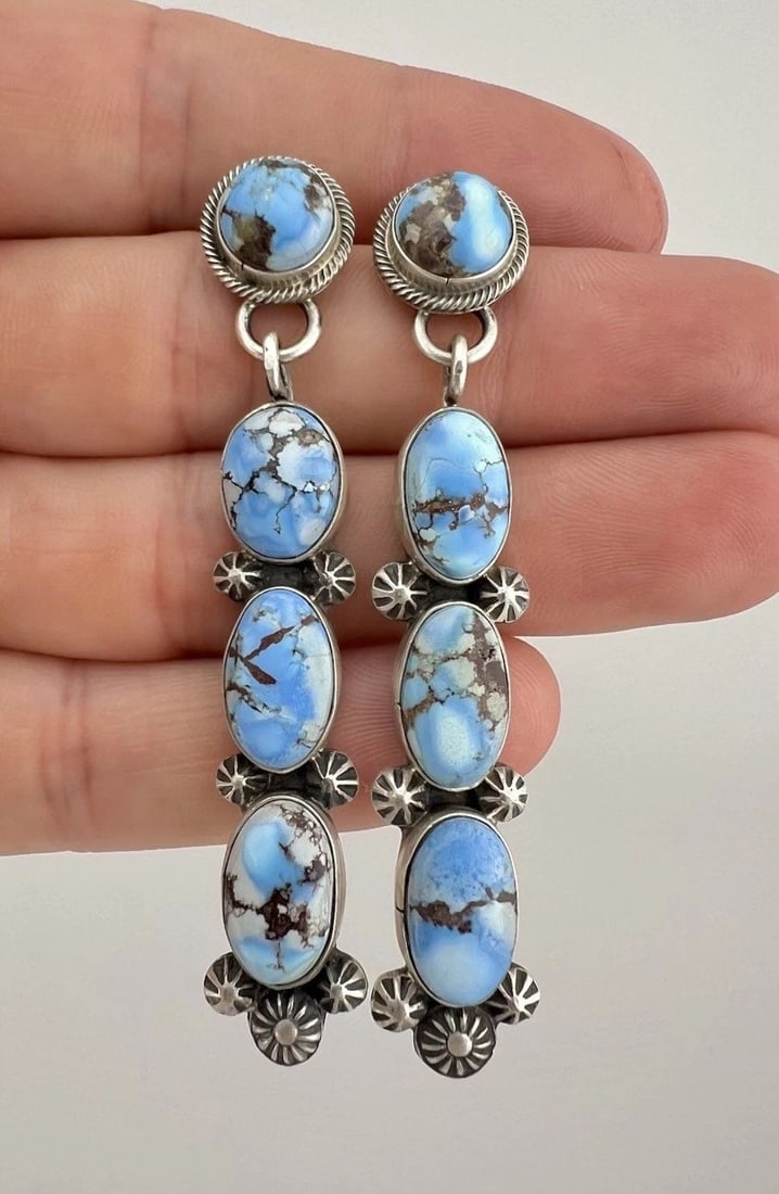 VINTAGE NAVAJO STERLING SILVER GOLDEN HILLS TURQUOISE LONG DANGLE EARRINGS 2.75" (1 of 2)