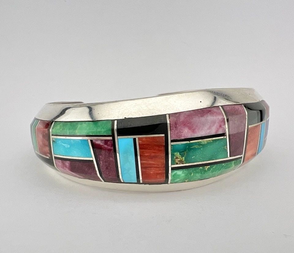 VTG GILBERT NELSON NAVAJO STERLING SILVER MULTI GEM FLUSH CUFF BRACELET 56.5G (1 of 2)