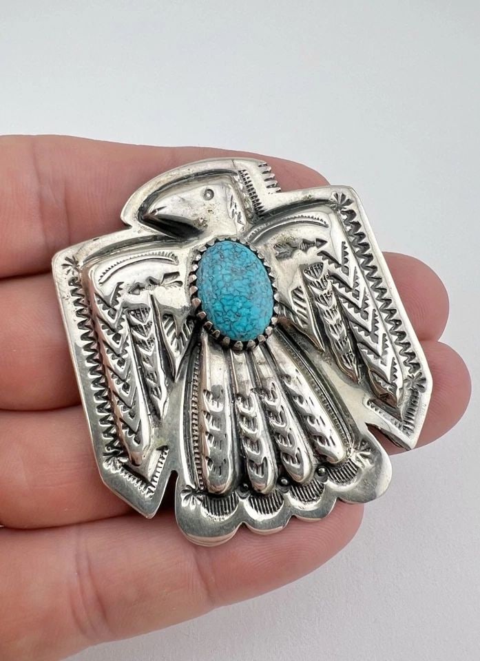 VTG BEGAY NAVAJO STERLING SILVER SPIDERWEB TURQUOISE THUNDERBIRD BROOCH 2 1/8" (1 of 2)