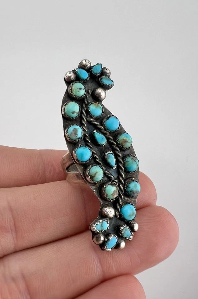 HUGE 1950'S OLS NAVAJO STERLING SILVER PETIT POINT TURQUOISE CLUSTER RING 2 1/8": HUGE 1950's Ols Navajo Sterling Silver Petit Point Turquoise Cluster Ring 2 1/8" Ring Size: 7.5 - Can Be re Sized Weight is 14.0 Grams on my scale Metal: Sterling Silver Ring is 2 1/8" Tall In the Cen