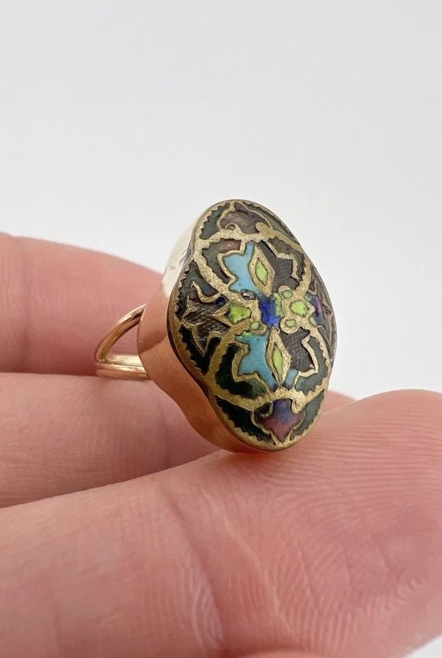 ANTIQUE CHINESE JAPANESE 14K YELLOW GOLD MULTI COLOR CLOISONNÉ ENAMEL RING (1 of 2)