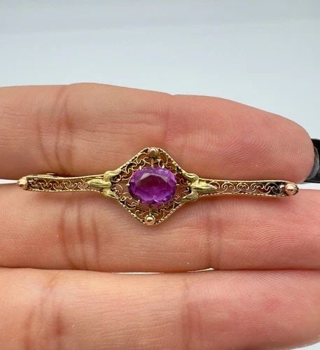 ANTIQUE ART DECO 10K YELLOW GOLD AMETHYST FILIGREE PIN BROOCH 1 7/8" (1 of 2)