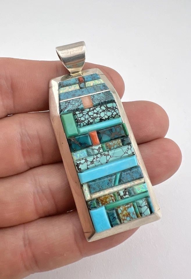 VTG KS NAVAJO STERLING SILVER HIGH GRADE MULTI GEMS COBBLESTONE PENDANT 2.5": VTG KS NAVAJO STERLING SILVER HIGH GRADE MULTI GEMS COBBLESTONE PENDANT 2.5" Vtg KS Navajo Sterling Silver High Grade Multi Gems Cobblestone Pendant 2.5" Size: 2 1/2" Tall With Bail & Over 1" Wide Wei