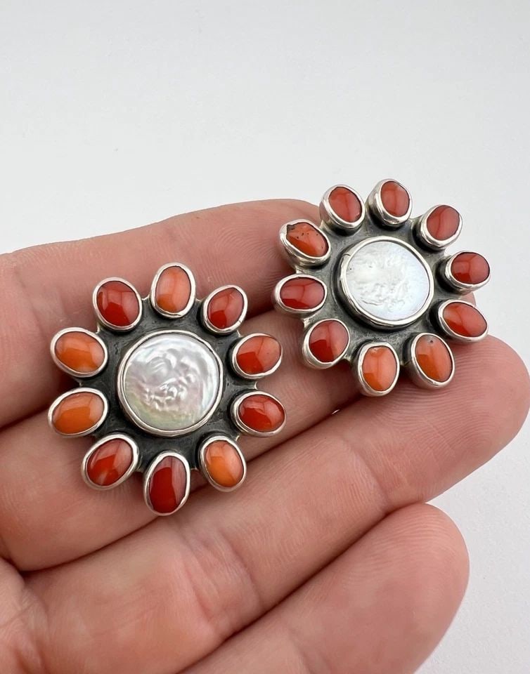 FEDERICO JIMENEZ STERLING SILVER RED CORAL & PEARL CLUSTER FLOWER POST EARRINGS (1 of 2)