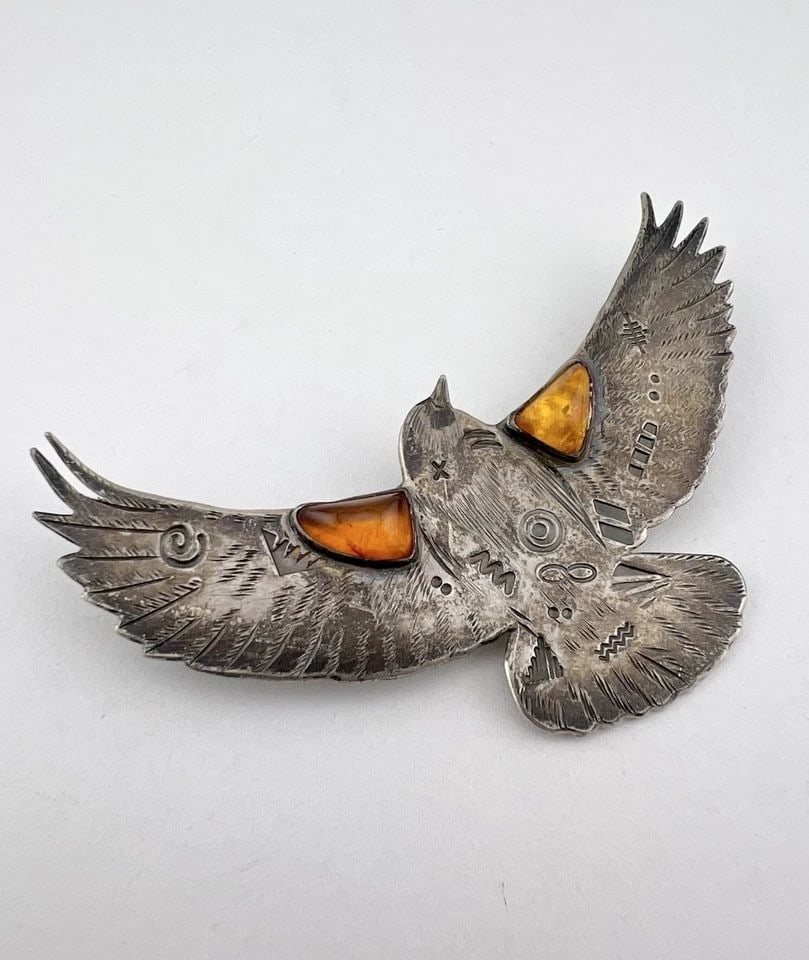 VTG NAVAJO STERLING SILVER BALTIC AMBER STAMPED FLYING EAGLE PIN BROOCH 3 3/8" (1 of 2)