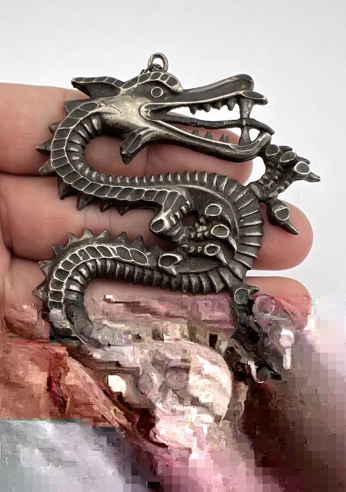 RARE ANTIQUE OLD CHINESE SILVER TURQUOISE DRAGON REVERSIBLE PENDANT 43G - 3.75": RARE ANTIQUE OLD CHINESE SILVER TURQUOISE DRAGON REVERSIBLE PENDANT 43G - 3.75" RARE Antique Old Chinese Silver Turquoise Dragon Reversible Pendant 43g - 3.75" Size: 3 3/4" Tall With bail By 2 1/2" Wi