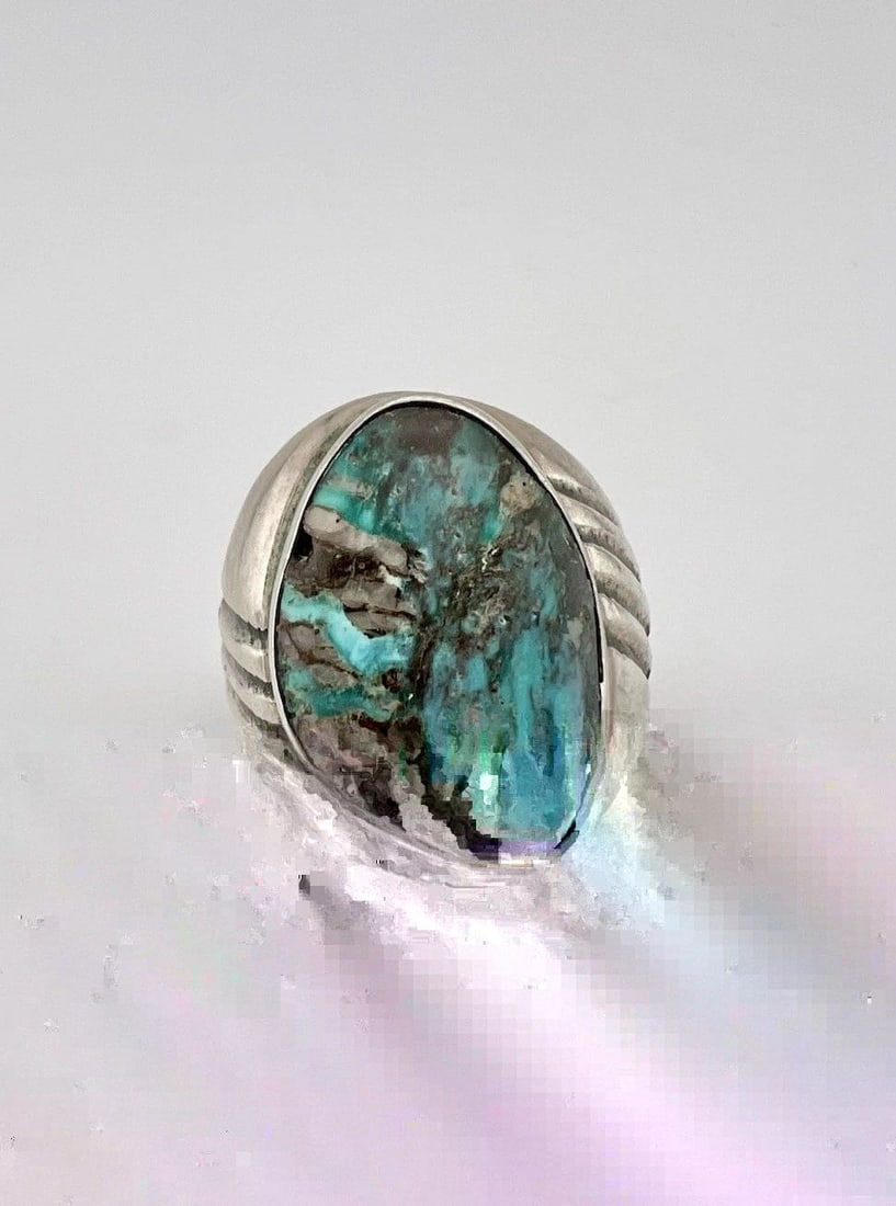 BENALLY BROS NAVAJO STERLING SILVER HIGH GRADE SMOKEY BISBEE TURQUOISE MENS RING: Vtg Benally Bros Navajo Sterling Silver High Grade Smokey Bisbee Turquoise Men's Ring Ring Size: 11 - Can Be Resized Weight is 16.4 Grams on my scale Test Positive For Sterling Silver Ring is 1" Tall 